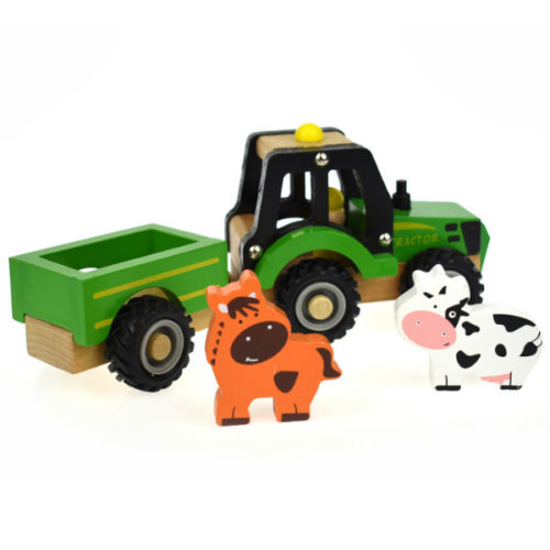 WOODEN TRACTOR WITH TRAILER AND FARM ANIMALS