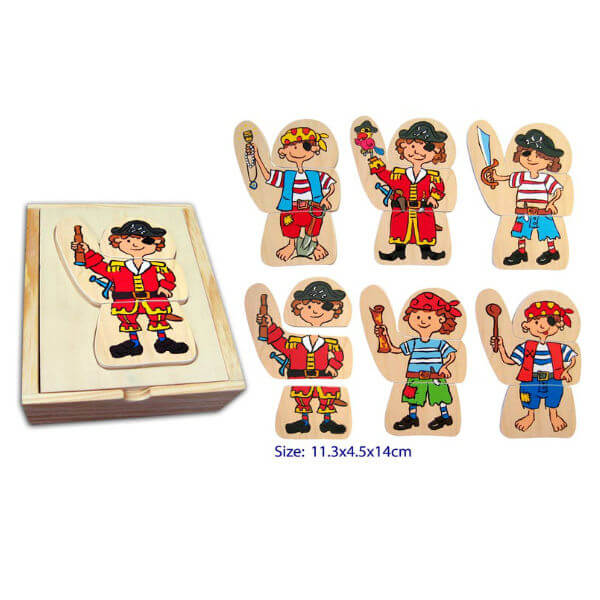 NEW CHILDRENS PIRATE DRESS UP WOODEN JIGSAW PUZZLE 4 PIRATES 12 PIECES 
