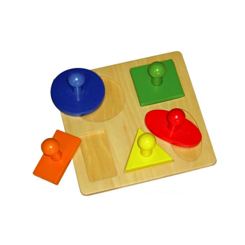 Big chunky handles on this Wooden 5 Shape Peg Puzzle are easy for little hands to grasp!