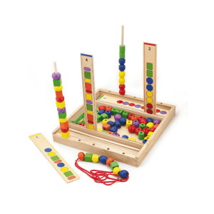 Sort, match, learn colours and shapes with the Wooden Sequencing Beads Set!
